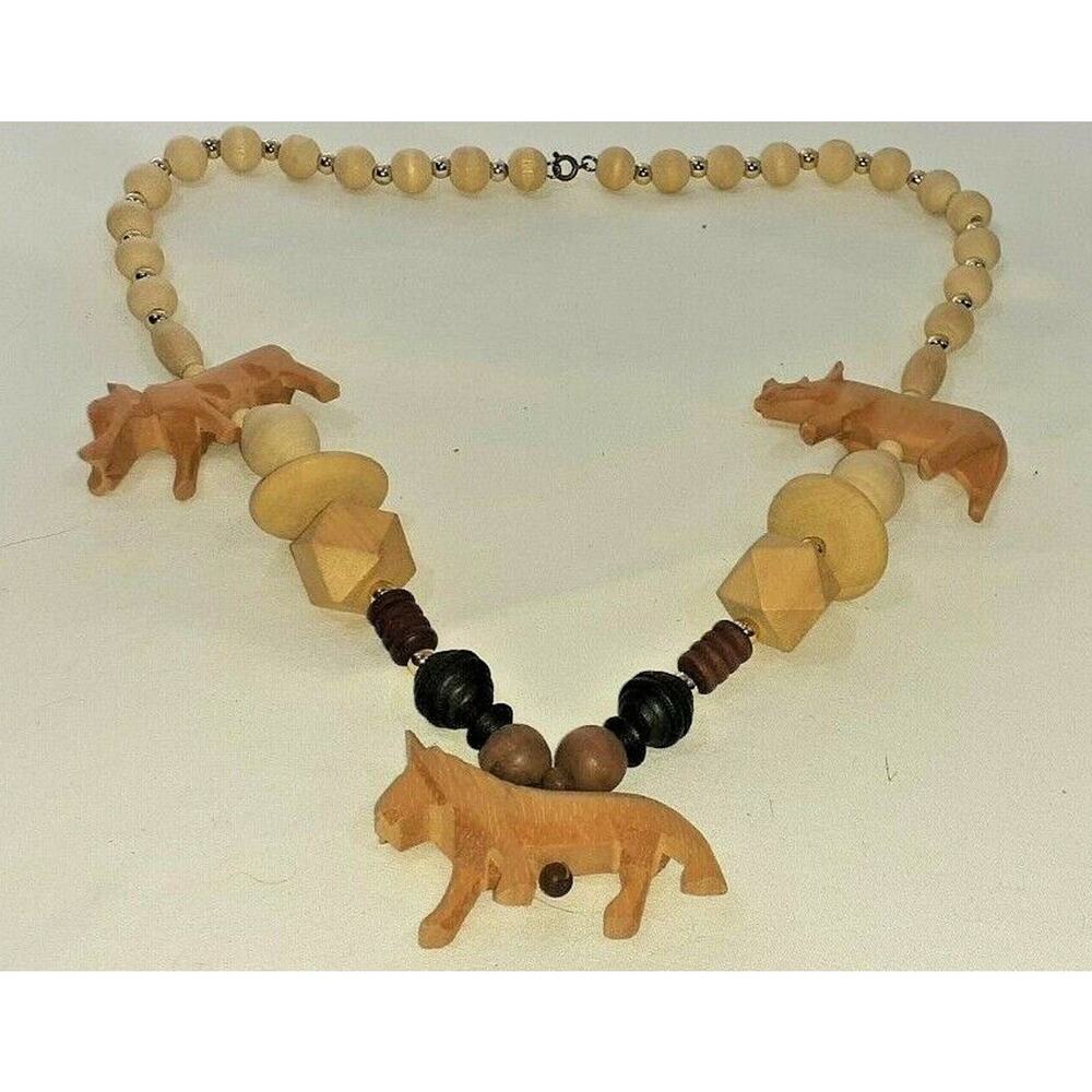 Vintage Carved Wood African Animal Beaded 14" Necklace